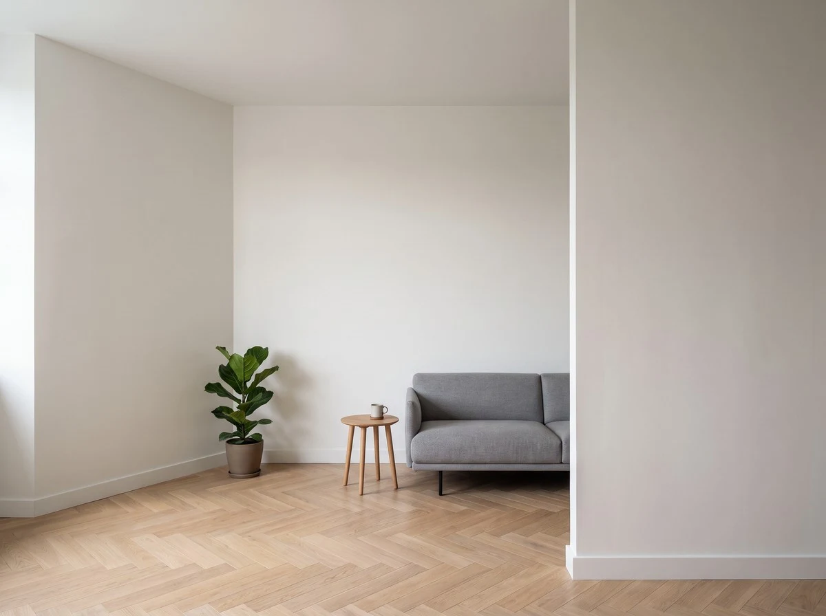Sala vacía con tres paredes visibles, suelo de roble en espiga, sofá gris, mesa auxiliar y una planta